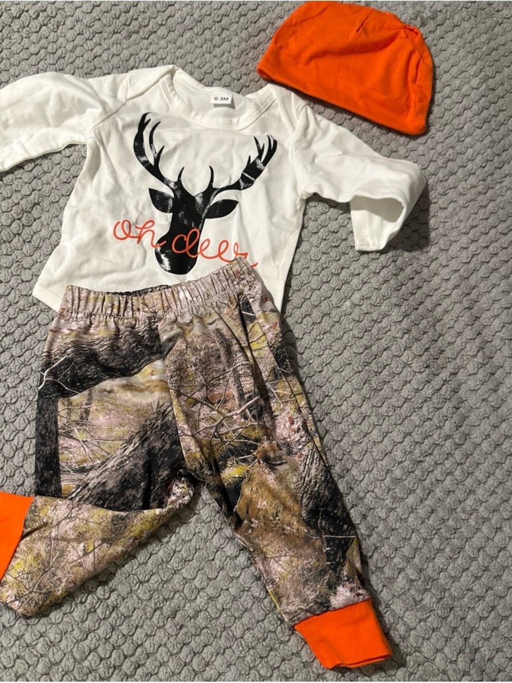 Kids White Deer Graphic Top & Orange Accent Camouflage Jogger Set